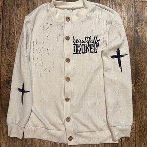 Beautifully Broken White Button Up Cardigan with Black Accents Size Small